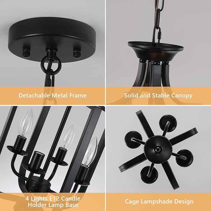 10.63" Black Chandelier 4-Lights Modern Farmhouse Lantern Chandeliers for Dining Room Rustic Metal Cage Industrial Vintage Adjustable Pendant Light Fixture for Foyer Kitchen Entryway Hallway E12