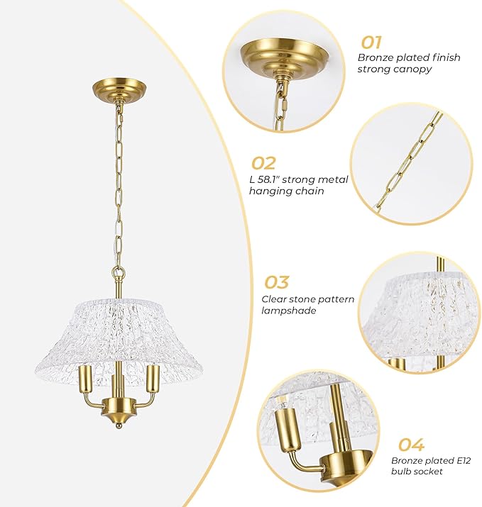 Modern Large Brass Gold Clear Glass Pendant Light Fixture 15.08 Inch Bronze Hanging Lamp for Kitchen Island Ceiling Dining Table Foyer Hallway Entry E12 Base,UL Socket Hardwired Lampara