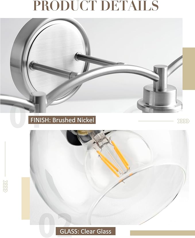 4-Light Bathroom Light Fixture, Brushed Nickel Vanity Light Over Mirror, Globe Glass Wall Sconce, VL02BN-4