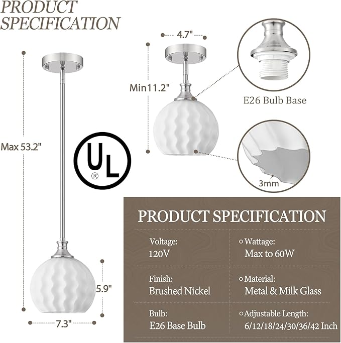 Brushed Nickel Pendant Lights Kitchen Island, 7.3" 1-Light Modern Farmhouse Milk Glass Globe Light Fixtures with Adjustable Rods, Hanging Ceiling Lighting for Sink, Hallway (E26 Base)