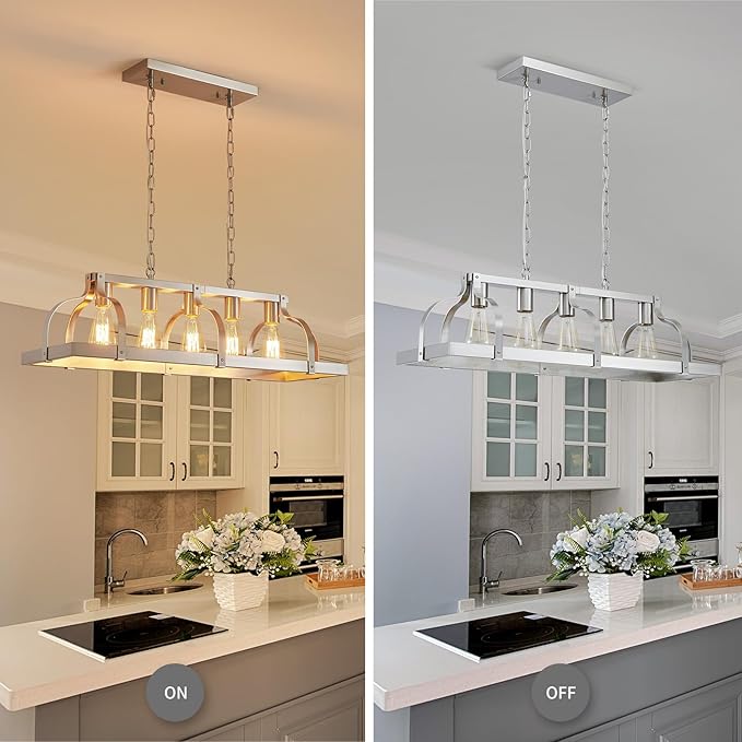 WUZUPS 5-Light Metal Chandelier Linear Pendant Ceiling Lighting Rustic Farmhouse Fixture Kitchen Island Dining Room, H 8.5" L 31.5" W10, E26 Base, Brushed Nickel