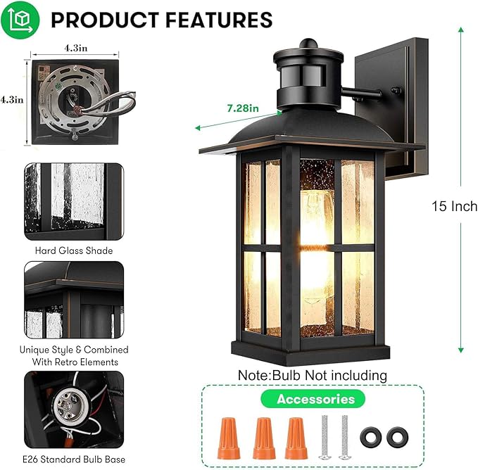 4-Pack 15inch Large Outdoor Wall Lights,Modern Black Exterior Lantern Wall Light Fixture with E26 Sockets & Tempered Glass,Waterproof Porch Wall Lighting for Garage,Garden