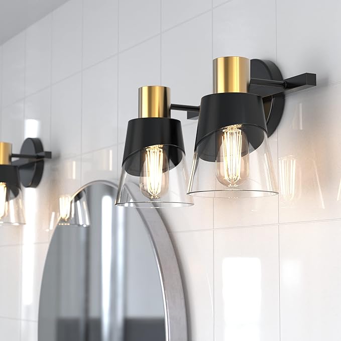 URSOLA Bathroom Lighting Fixtures Over Mirror, 2 Lights Bathroom Vanity Light, 13 inchBathroom Light Fixtures, Black and Gold Design with Bevelled Edge and Clear Glass Shade Wall Lamp