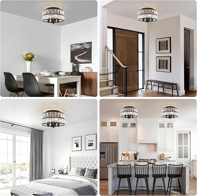 4-Light Crystal Flush Mount Ceiling Light, 11.2" Modern Chandelier, Black Ceiling Light Fixture for Kitchen, Bedroom, Hallway, Bathroom, Entryway, Closet, Dining Room