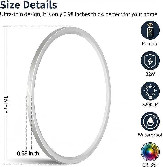 MOONSEA 16 Inch LED Flush Mount Ceiling Light, 36W Modern Round Ceiling Light with Remote Control, Dimmable 3000K-6500K Adjustable, Slim Flat Panel Lights for Kitchen Dining Room, Brushed Nickel