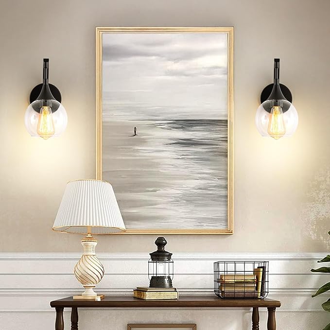Black Wall Sconce Light, Modern Vanity Light Fixtures with 4.9 Inches Clear Glass Shade, Farmhouse Wall Lights for Living Room, Bedroom, Hallway