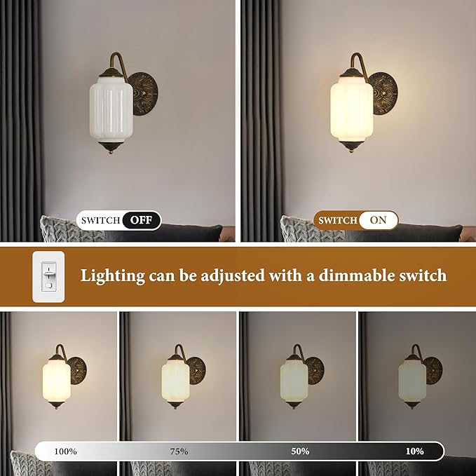 Vintage Milk Glass Wall Sconce - White Dimmable Indoor Wall Lighting with Bulb - Antique Embossed Brass Gold Sconces - Mid Century Vanity Light Fixture for Bathroom Bedroom Living Room Hallway Decor