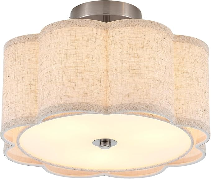 Semi Flush Mount Ceiling Light, Beige Linen Fabric Shade Ceiling Light, Chrome Modern Farmhouse Close to Ceiling Light for Bedroom, Hallway, Living Room, Dining Room, Laundry Room