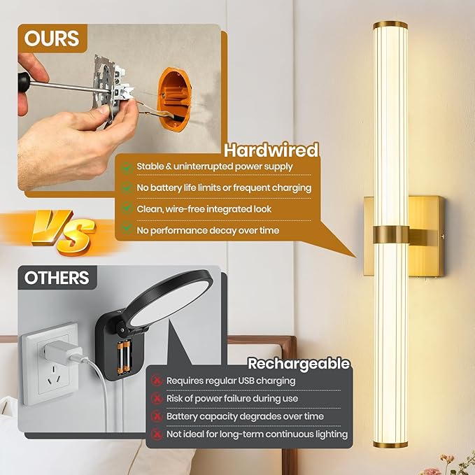 Modern Gold LED Wall Sconce with 3 Color Temperatures, Slim Vertical Linear Wall Light for Bedroom Bedside Living Room Staircase Bathroom