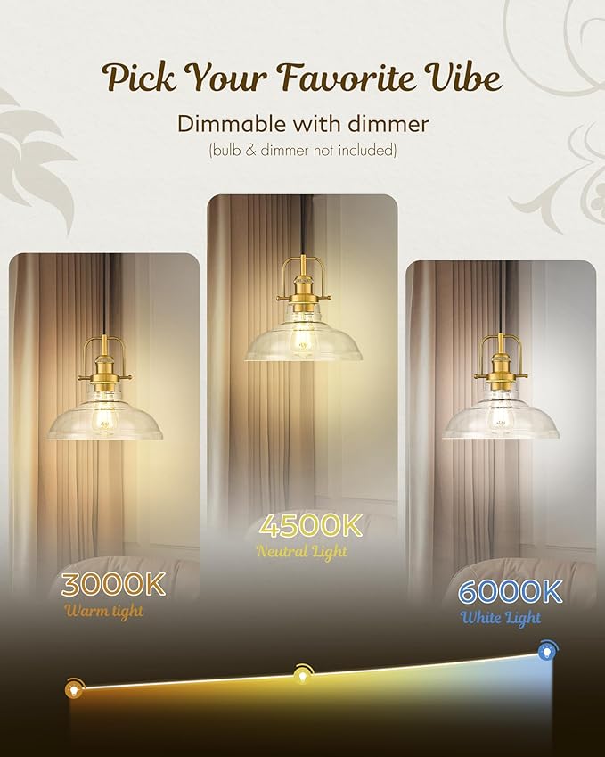 FEMILA 11" Gold Pendant Light Fixture, Vintage Pendant Lighting with Clear Glass Shade for Kitchen Island, Adjustable Hanging Light, Brushed Gold Pendant Lights, 4FY09-MP BG