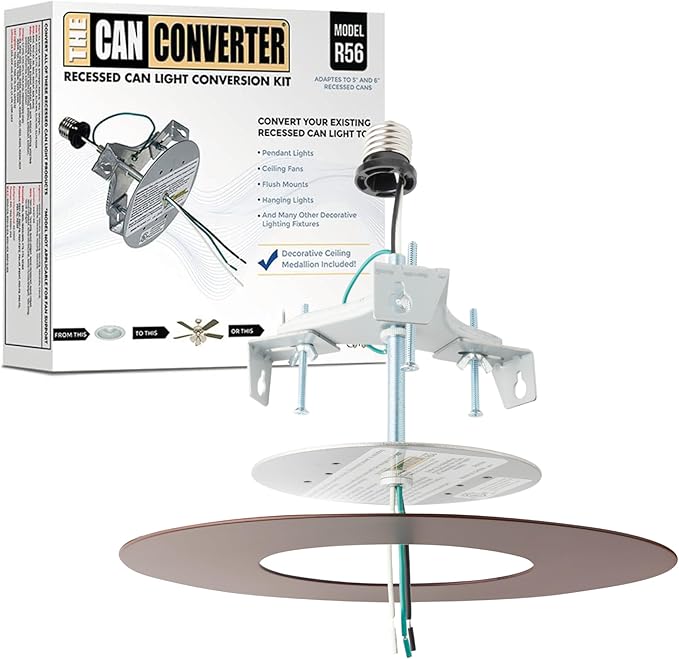 The Can Converter R56 Recessed Can Light Conversion Kit w/ 7"¾ Flat Ceiling Medallion - Home Improvement for 5" & 6" Cans, Converter Kit for Fan & Light Fixture, UL Certified, Oil Rubbed Bronze