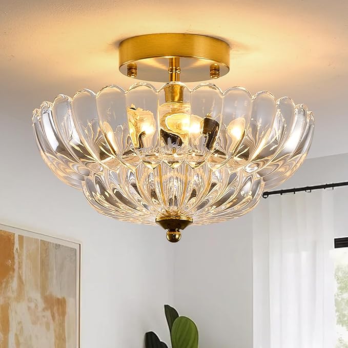 Gold Semi Flush Mount Ceiling Light, 12 Inch Vintage Crystal Light Fixture with 3-Light E26 Base, Modern Close to Ceiling Lamp for Bedroom Hallway Entryway Kitchen Foyer