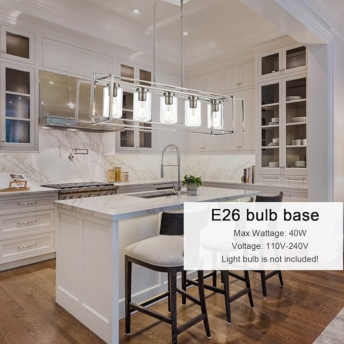 Kitchen Island Lighting Brushed Nickel Industrial 5-Light Chandeliers Farmhouse Dining Room Rectangular Pendant Light Fixtures with Clear Glass Shades
