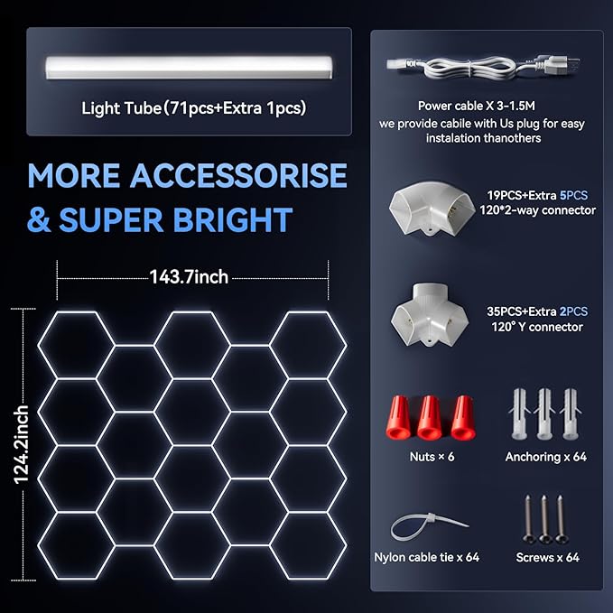 Updated Hexagon Garage Light: 79200LM Super Bright Hexagon Garage LED Light, 5000K Natural White, 72 Packs LED Light Car Detailing Ceiling Lights for Warehouse Basement Gym Barbershop Salon