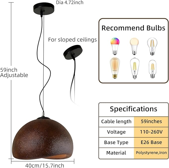 JAYMP Dark Brown 15.7" Wabi Sabi Pendant Light for Dining Room Kitchen Island Farmhouse Hanging Lamp E26 Base Japanese Style Bird Nest Shape Lighting Fixture 40cm/15.7in
