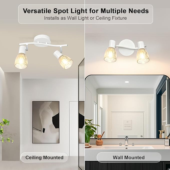 HiBay 2-Light Track Lighting, Directional Modern Ceiling Light Fixture White w/Glass Shades, Flush Mount Wall Spotlight Indoor for Kitchen, Bedroom, Living Room, E12 Base, No Bulbs
