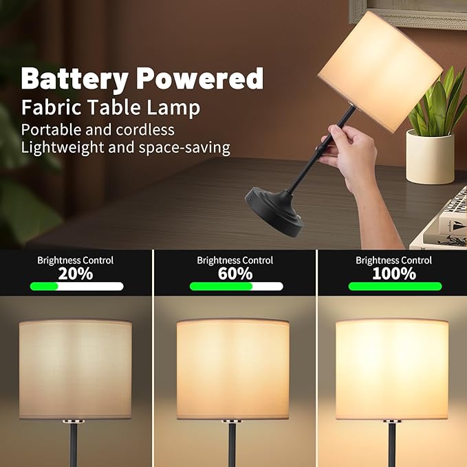 Rechargeable Cordless LED Table Lamp Fabric Shade Desk Lamp, 3-Level Dimmable Touch Control, 5200mAh, Patio Table Lamp, Bedside Night Lamp, Ambient Light for Restaurant.(Black)