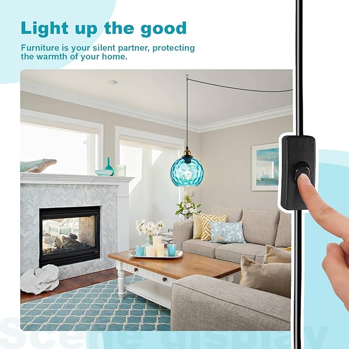 Blue Globe Glass Plug in Pendant Light Mid Century Modern Hanging Ceiling Light Fixture 14.75FT Black Plug in Chandelier Lighting for Bedroom Living Room Dining Room, Corner Light Fixtures
