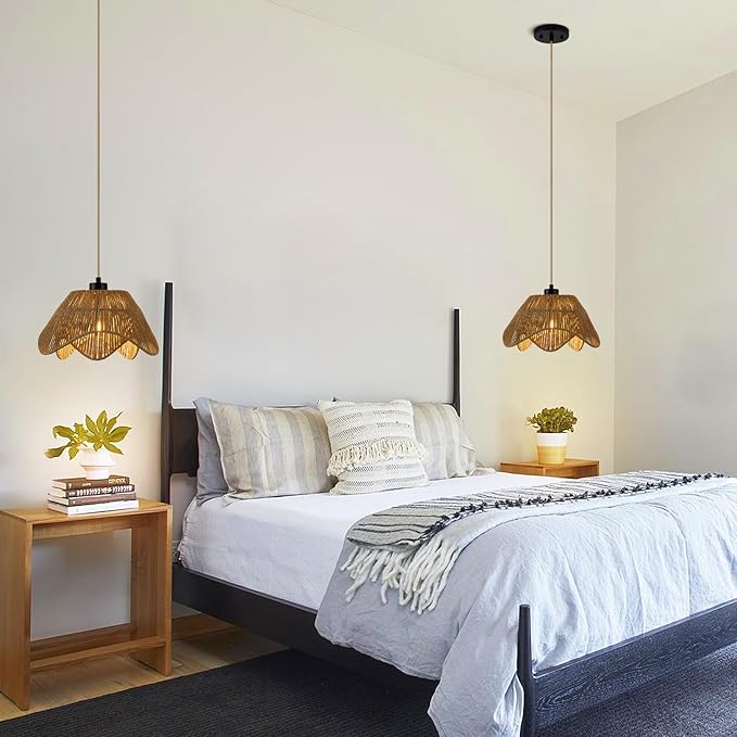Rattan Pendant Light Fixtures,1 Light Boho Hanging Light, Farmhouse Hand Woven Wicker Chandelier, Adjustable Flush Mount Ceiling Hanging Lamp for Bedroom Dining Room Kitchen Island Hallway