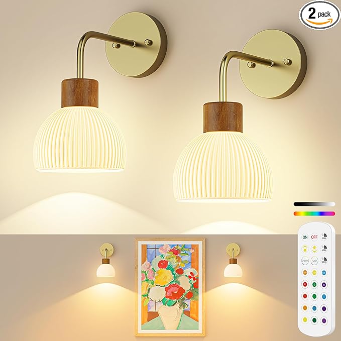 Glass Battery Operated Wall Sconces Set of 2, Rechargeable Wall Lamp with Remote, 12 Colors Dimmable Wireless Sconces Wall Decor Set of 2 with Timer for Bedroom Living Room (Gold, 2 Pack)
