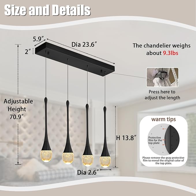 ykolupty Dining Room Light Fixture 4-Light Black Kitchen Island Lighting Industrial Linear Crystal Chandeliers for Dining Room Pendant Light Fixture for Living Room Hallway Bedroom