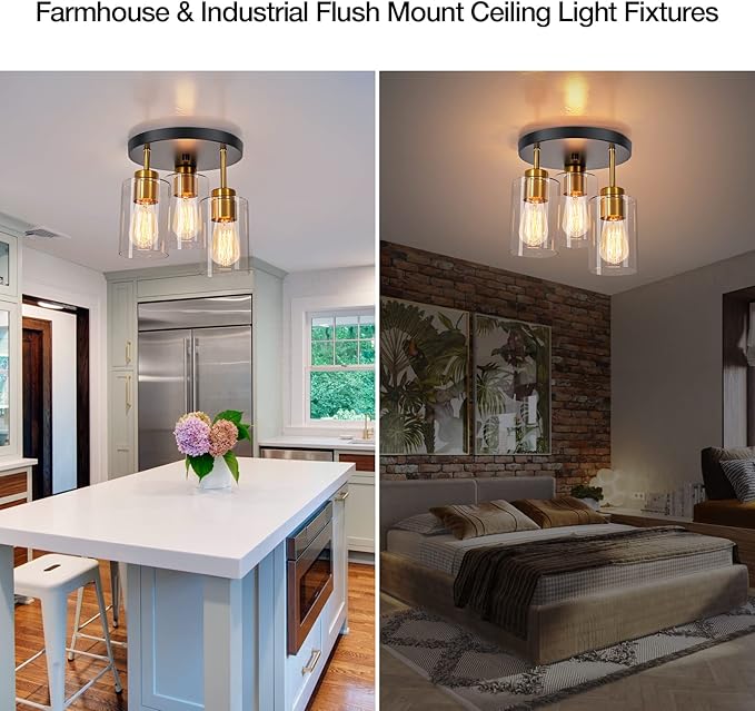 Flush Mount Ceiling Light 3-Light Black Semi Ceiling Light Fixture with Clear Glass Shades, Farmhouse Industrial Gold Brass Kitchen Ceiling Lights for Hallway Entryway Dining Roon Bedroom