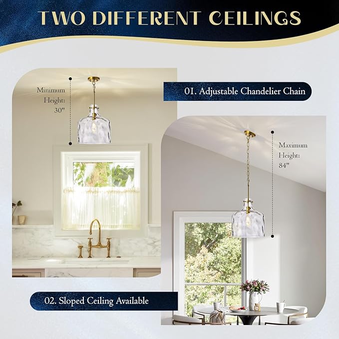 12" Farmhouse Pendant Light, Hand-Blown Clear Hammered Glass Hanging Light Fixture with Brass Gold Finish, Adjustable Chain Ceiling Light for Kitchen Island, Dining Room, Hallway, E26 Socket