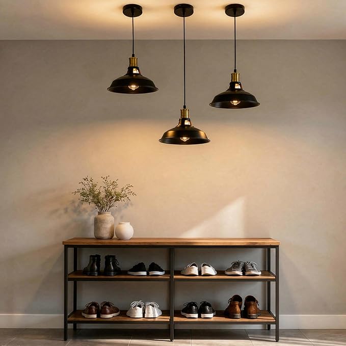 3 Light Pendant Lighting, Farmhouse Hanging Light Fixture for Kitchen Island & Dining Room, Industrial Vintage Ceiling Lamp with E26 Base, Adjustable Height, Black and Gold with Metal Shade