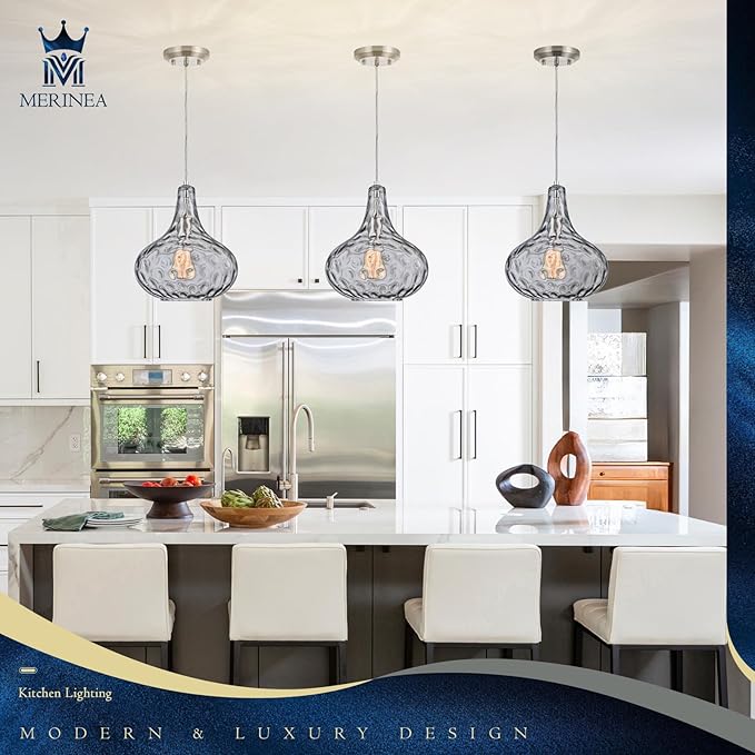 11" Smoked Hammered Glass Pendant Light – Modern Ceiling Hanging Fixture with Brushed Nickel Finish for Kitchen Island, Dining Room, Hallway, Entryway – E26 Base