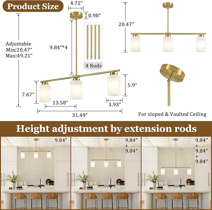 3-Light Gold Kitchen Island Lighting 31" Pendant Light with Milk Glass Shade Adjustable Height Linear Chandelier for Dining Room Modern Farmhouse Light Fixture Over Table Bar Living Room Foyer, E26