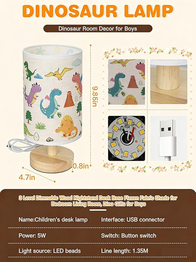 Kids Table Lamp for Bedroom,Dinosaur Room Decor for Boys,3 Level Dimmable Wood Nightstand Desk Base Flaxen Fabric Shade for Bedroom Living Room,Dinosaur Gifts for Boys (Colour)