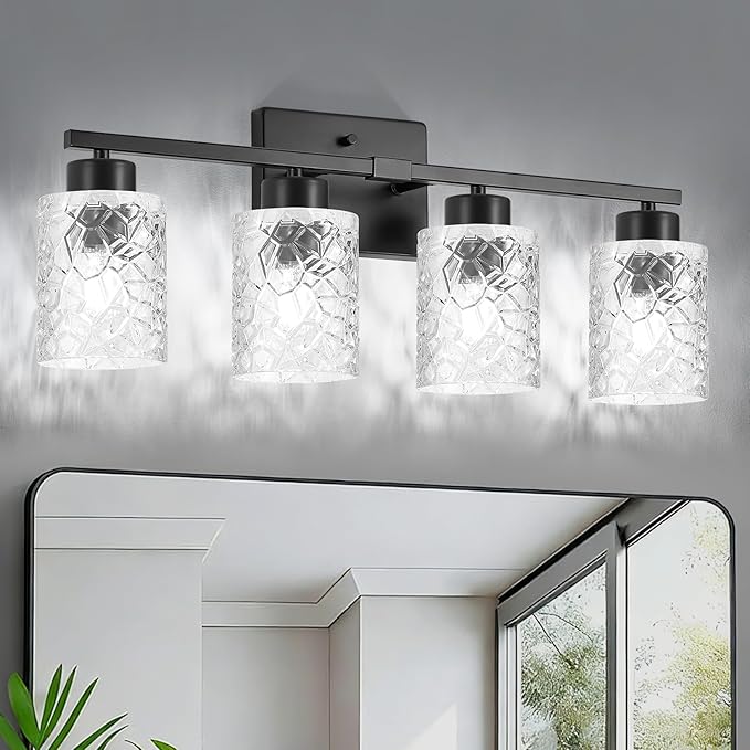 Black Bathroom Light Fixtures, 4-Light Modern Bathroom Vanity Wall Light, Vanity Lights for Mirror, Wall Sconces with Clear Textured Glass (E26 Socket, Bulbs Not Included)