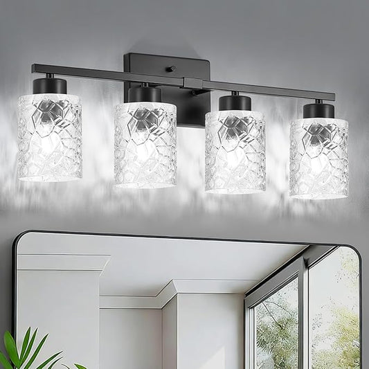 Black Bathroom Light Fixtures, 4-Light Modern Bathroom Vanity Wall Light, Vanity Lights for Mirror, Wall Sconces with Clear Textured Glass (E26 Socket, Bulbs Not Included)