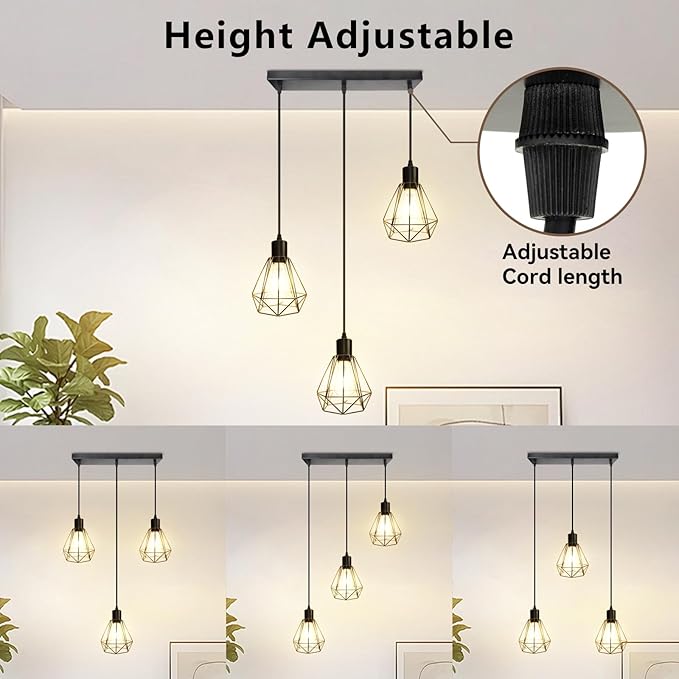 LTBLIGHT 3-Light Black Pendant Light Fixture, Industrial Hanging Lighting with 1.2m Adjustable Cord, Ceiling Lamp for Kitchen Bedroom Hallway Dining Room E26 Base (Bulb Not Included)