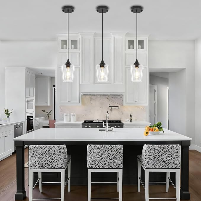 2-Pack Black Pendant Lights Kitchen Island, Modern Glass Pendant Lighting Over Island Kitchen Hanging Light Fixtures Hallway Pendant Lights for Bathroom Dining Room Entryway Foyer Bedroom
