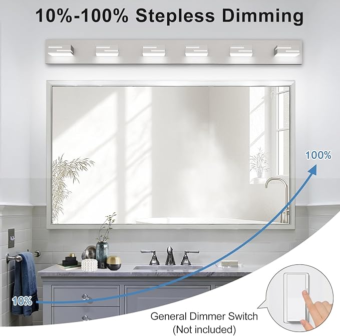 LED Modern Bathroom Vanity Light Fixtures, 6-Light 40-inch Dimmable Brushed Nickel Vanity Lights for Bathroom Lighting Fixtures Over Mirror, with 360° Rotatable Acrylic Heads (Cool White 6000K)