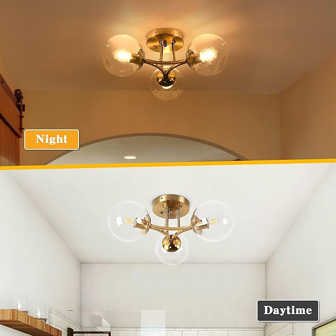 Mid Century Modern Ceiling Light Clear Globe Semi Flush Mount Ceiling Light Gold Sputnik Light Fixture Chandeliers Clear Glass Brushed Brass Chandeliers Living Room Dining Room Bedroom 3 Lights