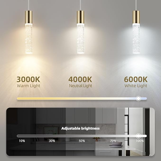 OKELI Modern Pendant Light,3 Color LED Bubble Crystal Island Light Fixtures,Gold Mini 3CCT Pendant Lighting for Kitchen Island,Bar,6W,3000-6000K,ETL(3 Pack