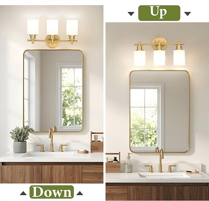 3-Light Bathroom Vanity Light, Brushed Gold Vanity Lights for Bathroom, Modern Champagne Gold Wall Sconce with White Glass Shades, Anti-Rust Light Fixtures over Mirror (Bulbs Not Included, E26 Base)
