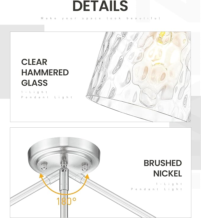 zeyu Adjustable Hanging Lights for Kitchen, Large Pendant Lights Kitchen Island, Modern Hanging Pendant Lights 2 Pack with Clear Hammered Glass, Brushed Nickel Finish, ZJF63MIL-L-2PK BN