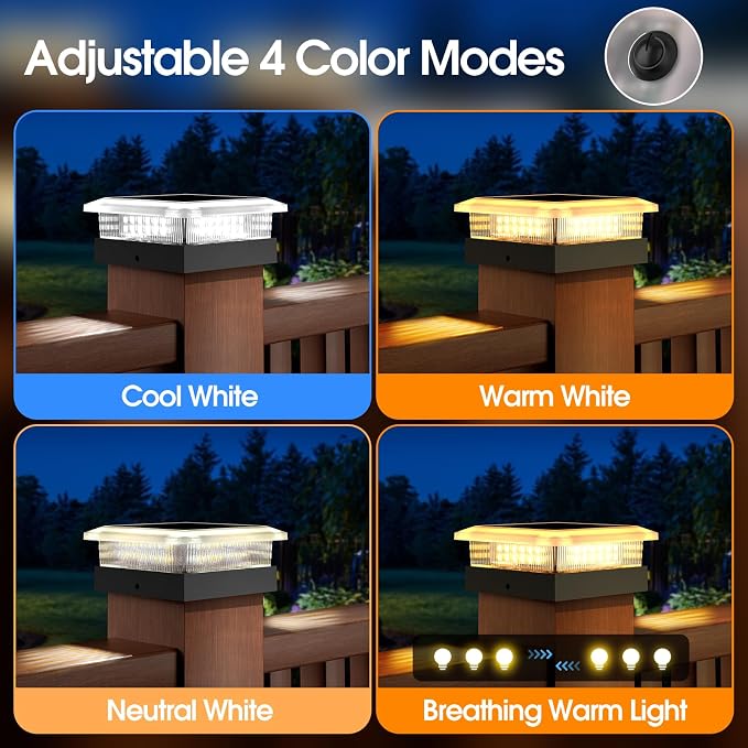 4x4 96 LED Post Solar Lights 8 Pack, 4 Lighting Modes Solar Post Cap Lights for 4x4 3.5x3.5 Wood/Vinyl Posts, Ip67 Waterproof Fence Deck Post Lights Solar Powered for Patio Porch, Black