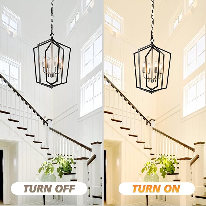 WJShome 18.1" Farmhouse Chandeliers for Dining Room, 4-Light Modern Foyer Lighting Fixture,Black and Silver Hanging Lantern Pendant Light, for Kitchen Island,Hallway,Entryway