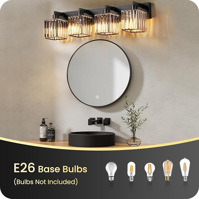 Modern Crystal Vanity Light, 4-Light Bathroom Light Fixture, 30.7"Square Vanity Lighting Fixture, E26 Base, Bulbs Not Included, for Bathroom,Vanity Light Over Mirror, Hallway,Black B11BD05W1