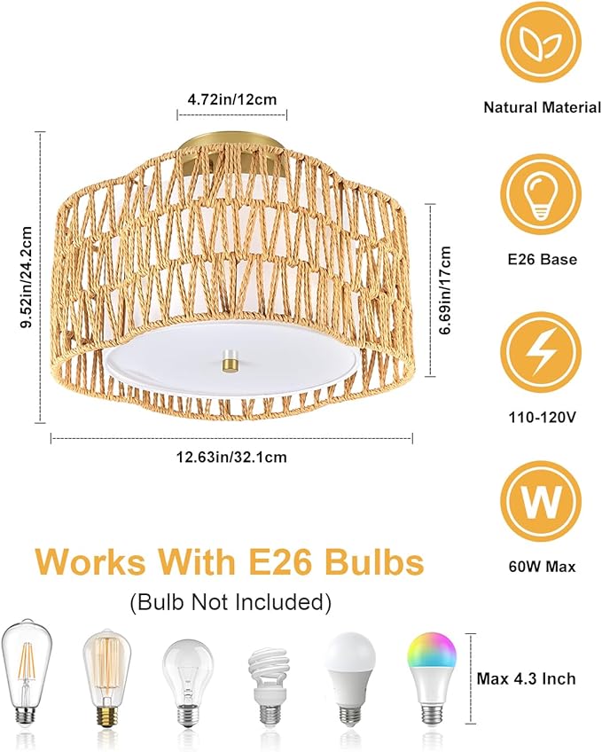 WILON Rattan Flush Mount Ceiling Light, 3-Light Boho Light Fixture with Fabric Shade, Woven Wicker Semi Flush Mount Light Fixture for Hallway Entryway Nursery Bedroom Kitchen Laundry Room