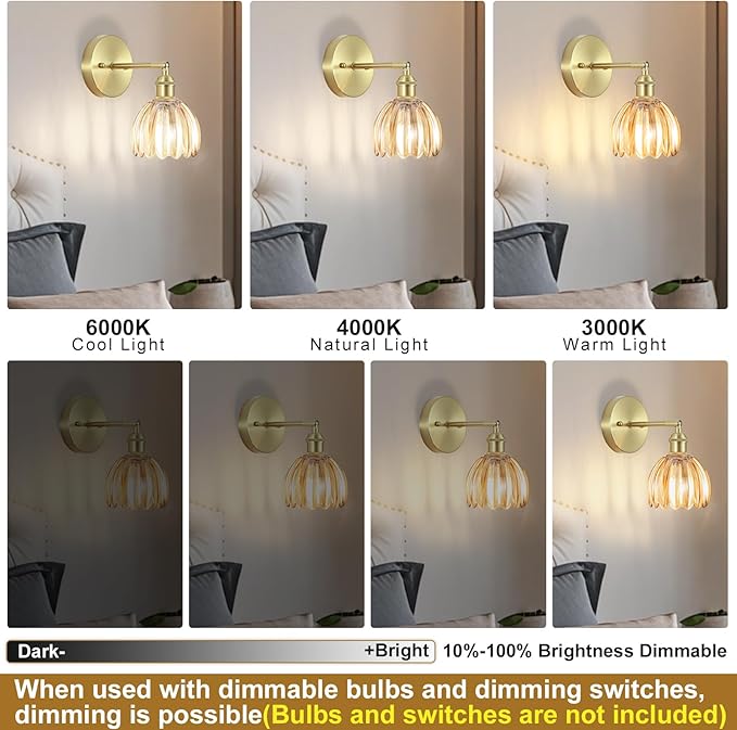 Hardwired Wall Sconces Set of Two, Vintage Wall Lights with Amber Tulip Glass Lampshade, Gold Wall Lamps for Bedroom Bedside Stairway Bathroom Living Room (Bulbs Not Included, Not Battery Powered)