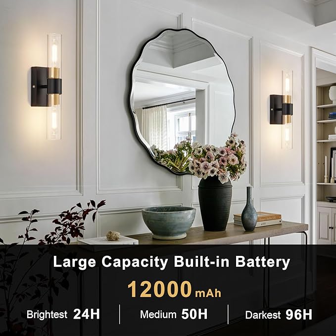 Battery Operated Wall Sconce Set of 2 with Remote Control, 12000mAh Rechargeable Wall Lights, Wireless Dimmable Wall Lamps for Bedroom Living Room Bathroom Hallway Entryway Stairwell, Black & Gold