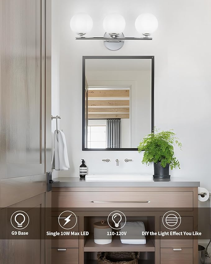 Globe Bathroom Light Fixtures Chrome Vanity Light with Plastic Milk White Globe Shades 11.81 inch Wall Sconce Lighting Over Mirror, 3-Light Vanity Lights for Bathroom Hallway Living Room
