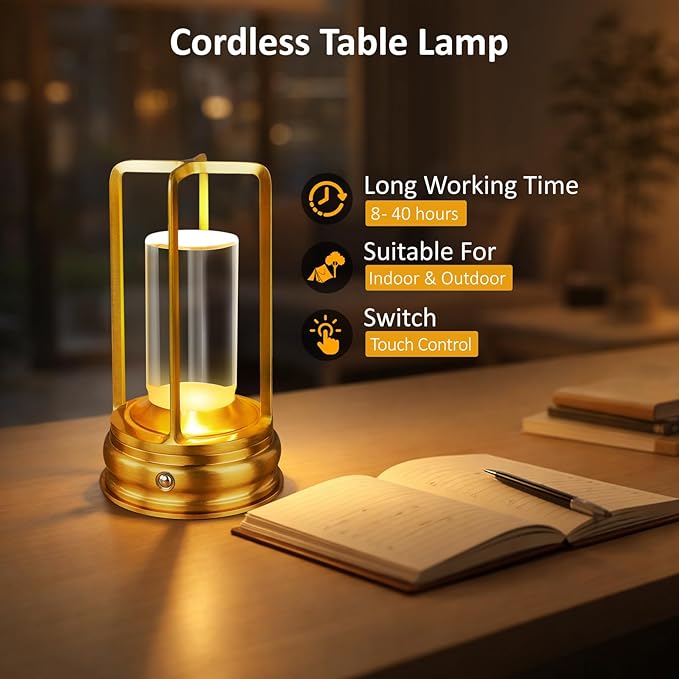 Cordless Table Lamp - Rechargeable LED Lamp with 2000mAh Battery, 3 Color Stepless Dimming & Touch Control, Portable Lamp for Indoor Outdoor, Bedroom, Restaurant, Bar, Patio, Camping, Gold