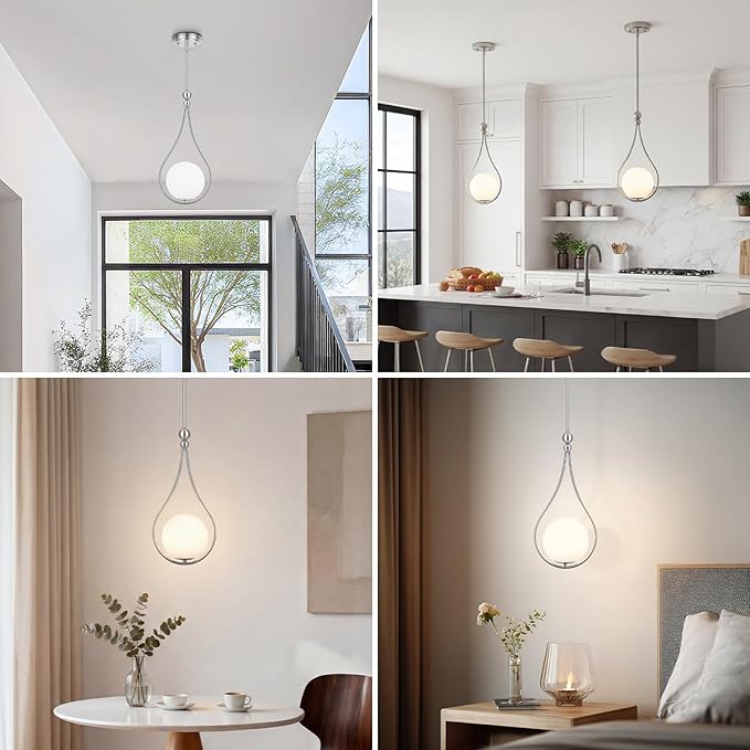 Brushed Nickel Pendant Lights with Milky White Globe Glass Pendant Lights Kitchen Island Adjustable Mid Century Hanging Pendant Light Fixtures for Kitchen Dining Room Entryway, 1 Pack