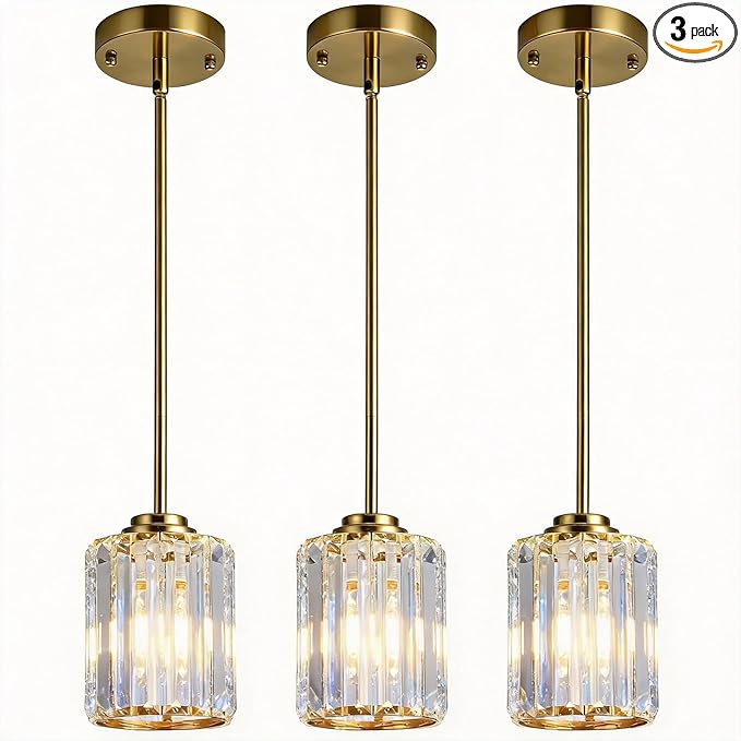 3 Pack Crystal Pendant Lights Kitchen Island, Adjustable Hight Modern Gold Mini Chandelier, Ceiling Hanging Light Fixtures, Lamparas Colgantes for Kitchen Hallway Dining Room Bedroom
